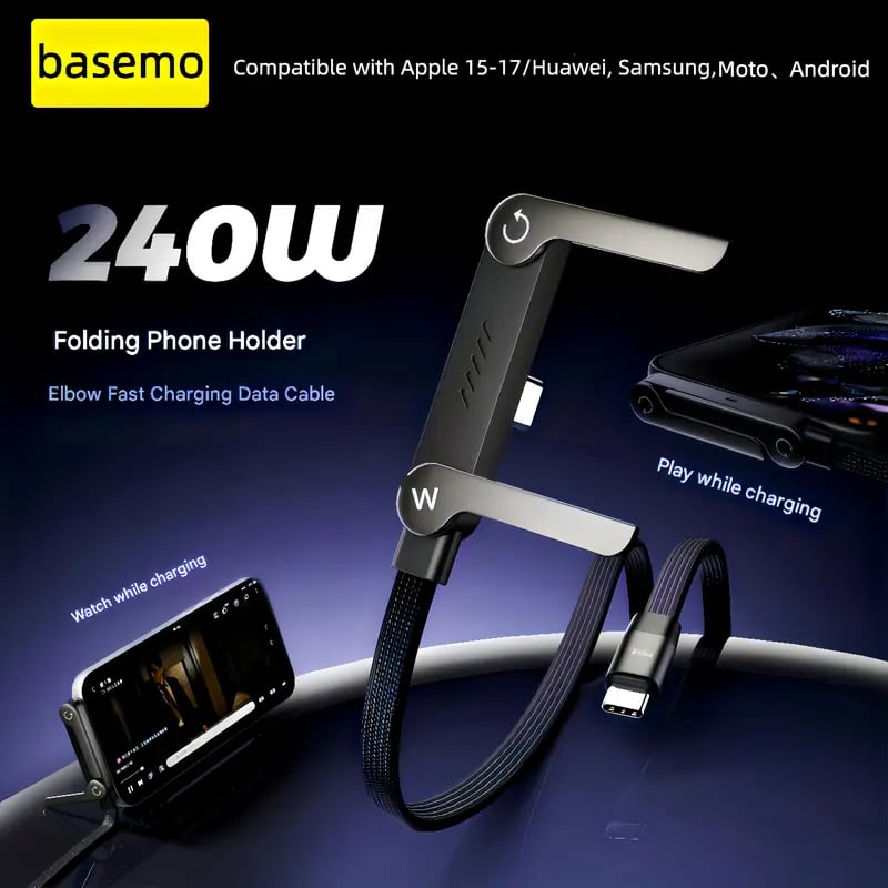 Year-End Sale 2-in-1 Invisible Holder Charger Cable – 240W Fast Charging Cord with Built-In Phone Stand
